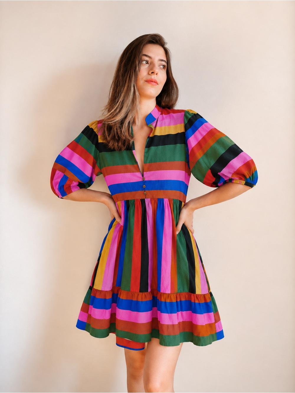 Farm Rio Linen Rainbow Stripe Mini Dress Medium